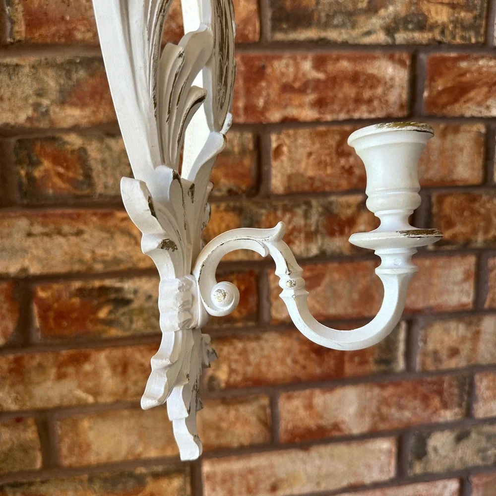 Vintage Syroco Style White Gold Ornate Scroll Wall Sconce Candle Holder Set of 2